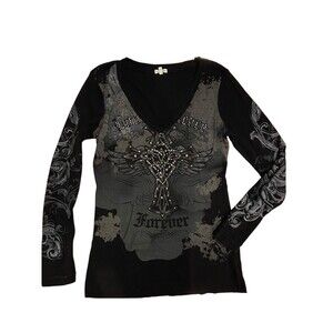 Vintage Y2K Gothic Fairy Grunge Cross‎ Wings Graphic Bling Top Size XL Black Rib
